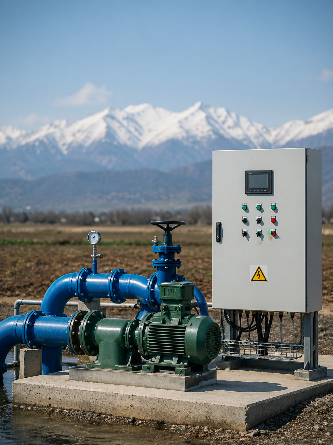 Sistema de bombeo con tablero eléctrico instalado por Contacto Hidráulico en terreno agrícola, cordillera de los Andes al fondo