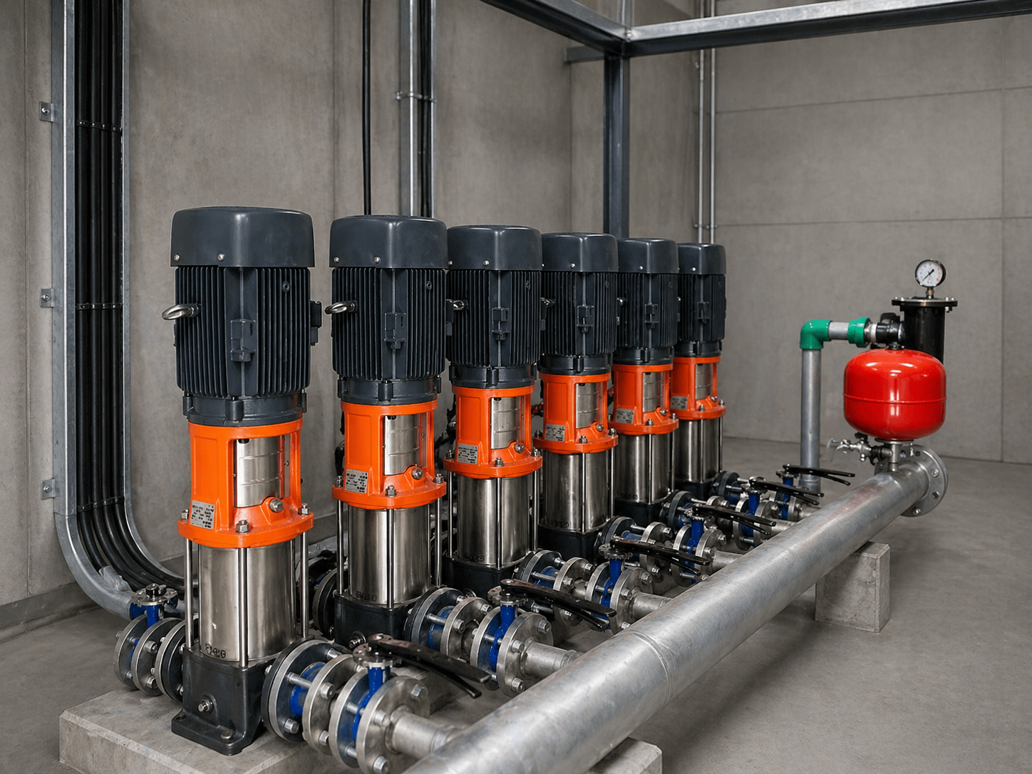 Sala de bombas con motores en paralelo, estanque hidroneumático y tablero eléctrico — instalación llave en mano de Contacto Hidráulico